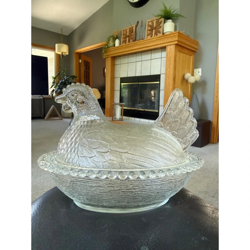 Vintage Indiana clear Glass Hen on Nest Covered Dish Beaded Rim Farmhouse